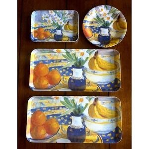 Vtg Melamine Serving Trays Monza Italy Floral Fruit Set Multi Color Set (4)